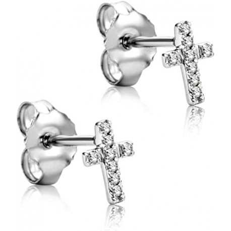 boucles d'oreilles croix zircon en or blanc O2121B