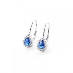 boucles d'oreilles pendantes avec pierre bleue et bord zircon avec crochet en or blanc O2159B