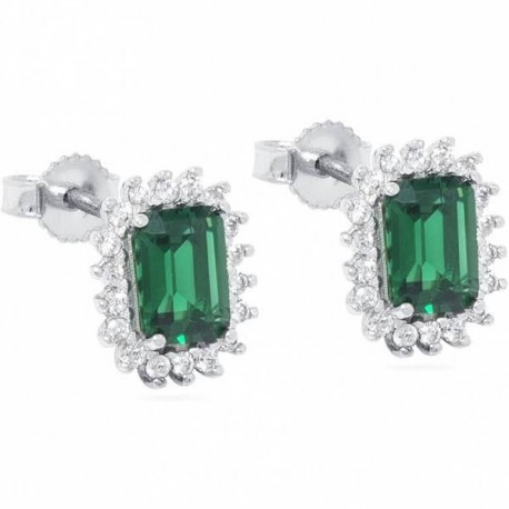 boucles d'oreilles rectangulaires avec bordure pierre verte et zircone en or blanc O2161B