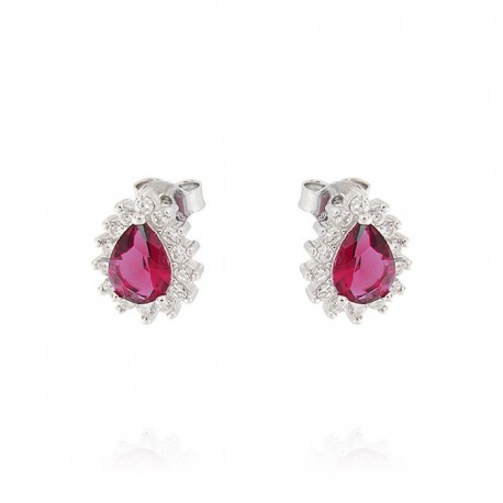 boucles d'oreilles pendantes avec pierre rouge et bordure zircon en or blanc O2167B